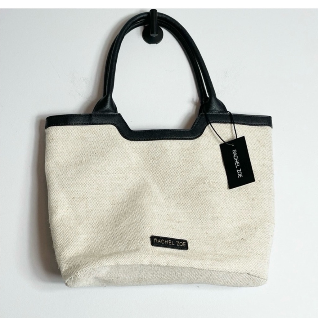 Rachel Zoe Capri Canvas Bag Natural Black Vegan Leather Purse Nwt